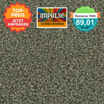 Teppichmuster mit Label „Impulse WOLFSBURG“ und Badge „Romance 7H40 – 89,91 €/m²“